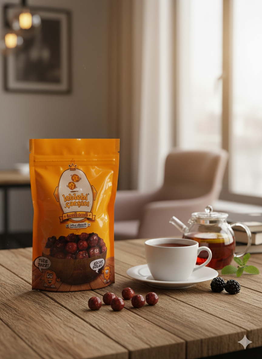 Patlayan şekerli böğürtlenli draje; mor ve fuşya tonlarında renkli kaplaması, çıtır yapısı ve içeriğindeki patlayan şeker ile görsel ve lezzetli bir şölen sunar.