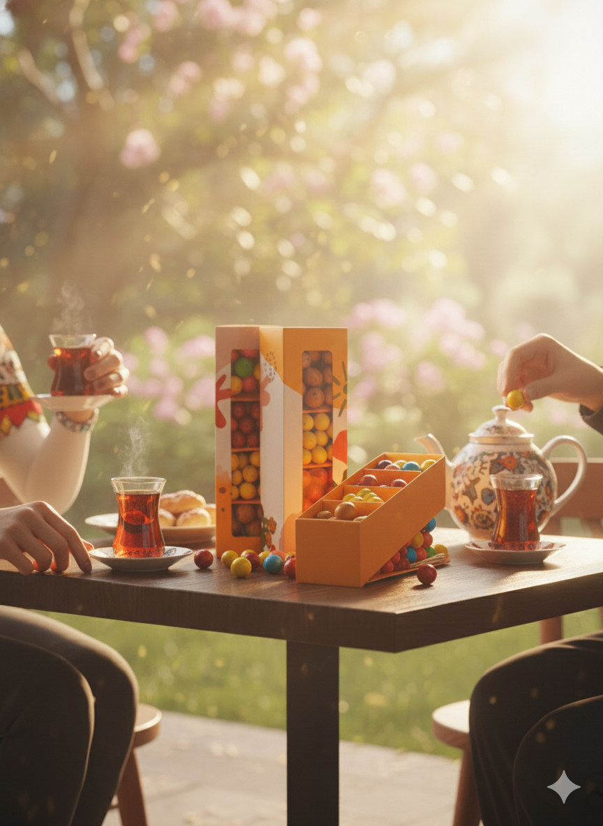 Narlı, limonlu cheesecake’li, meyveli ve kahveli leblebilerden oluşan renkli ve şık hediyelik draje seti, özel bölmeli kutuda sunulmaktadır.