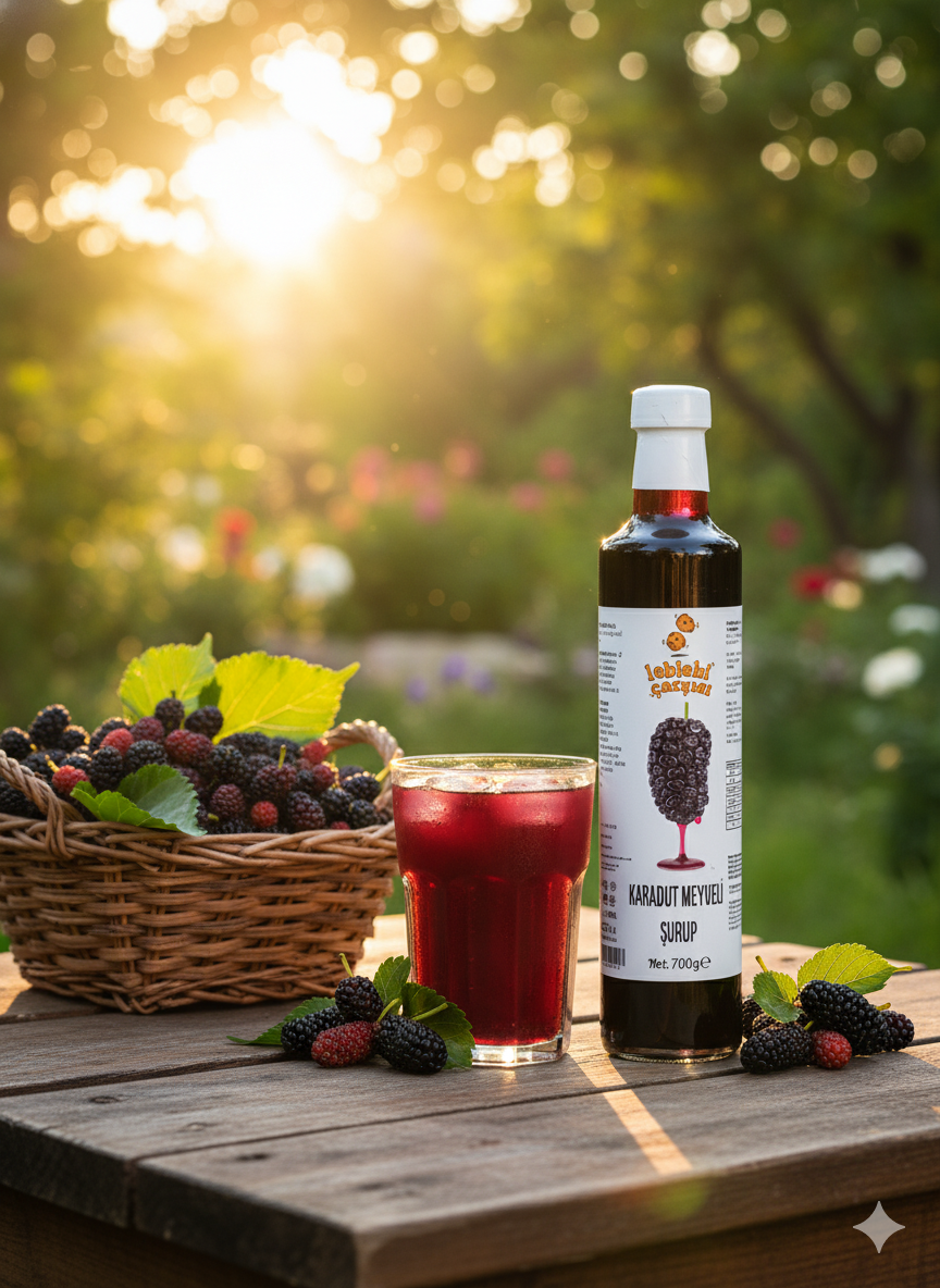 Cam şişede sunulan doğal karadut meyveli şurup; mor renkli, yoğun aromalı ve katkısız yapısıyla sağlıklı içecek alternatifidir.