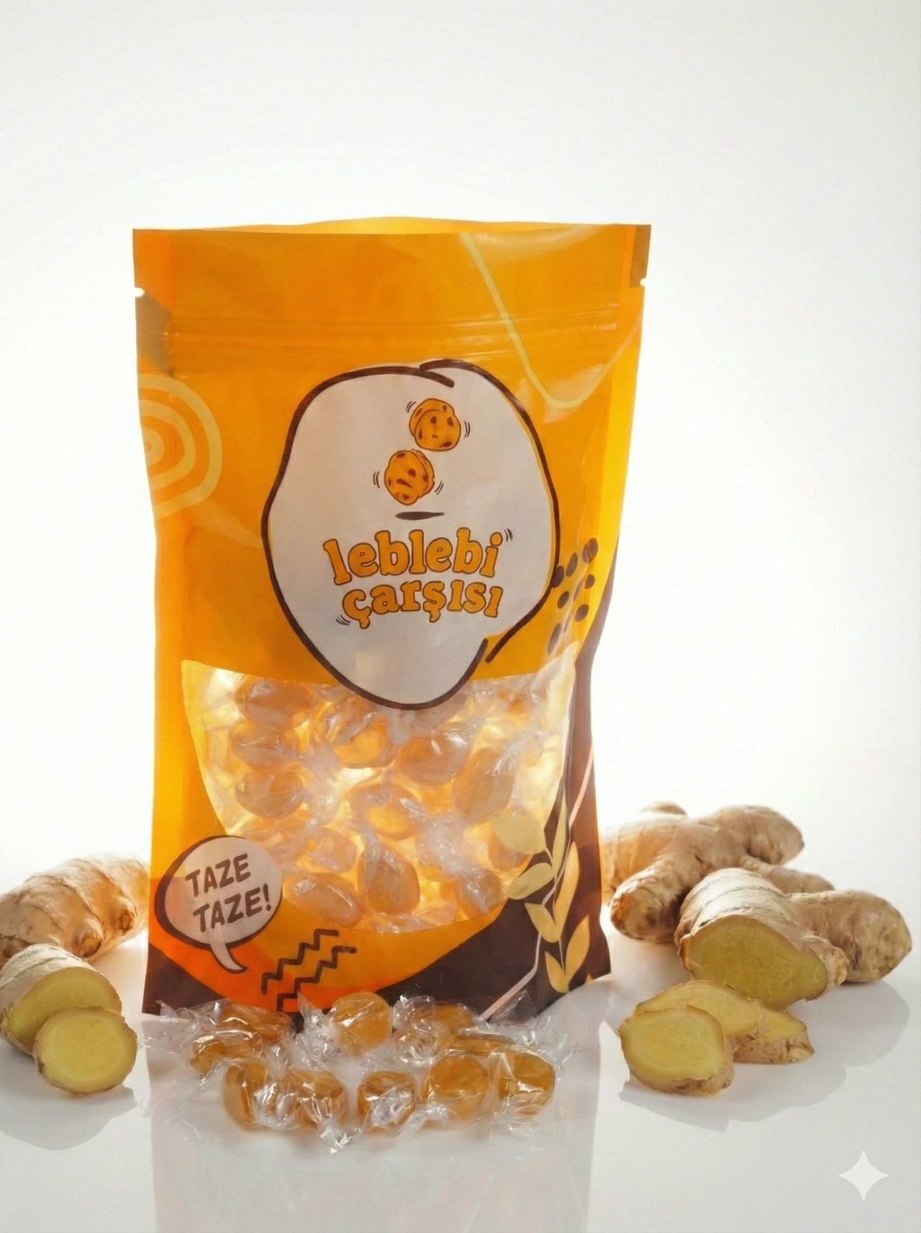 Doğal zencefil köküyle hazırlanmış zencefil şekerlemesi – şeffaf kristalli, ferahlatıcı atıştırmalık