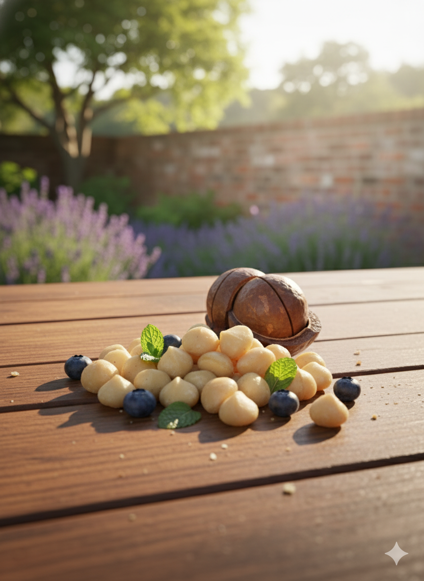 Makademya fındığı; yuvarlak, açık bej renkli, yumuşak dokulu ve parlak yüzeyli doğal bir kuruyemiş olarak sunulmaktadır.