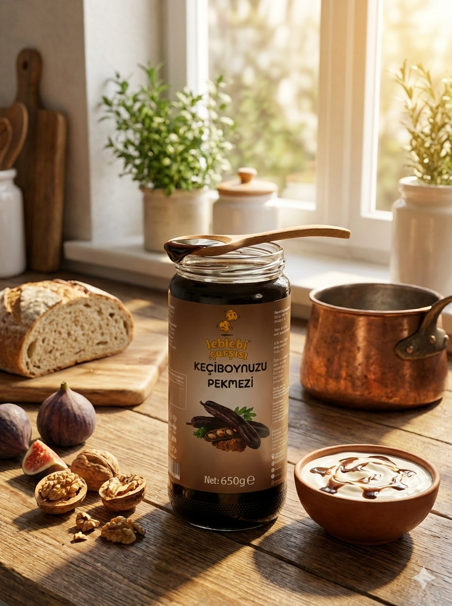 Keçiboynuzu Pekmezi – Cam kavanozda sunulan koyu kıvamlı, katkısız ve doğal pekmez görüntüsü