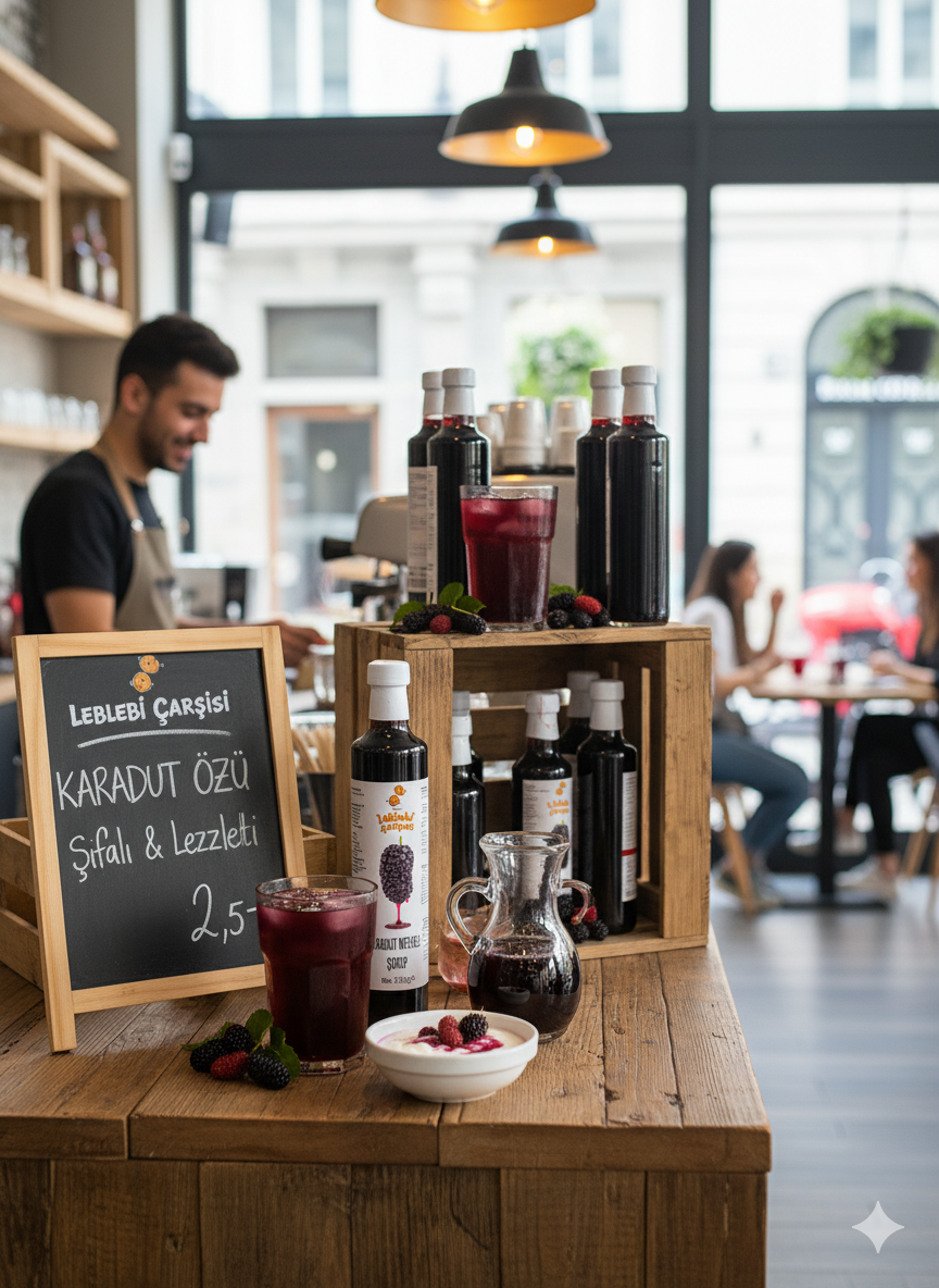 Cam şişede sunulan doğal karadut meyveli şurup; mor renkli, yoğun aromalı ve katkısız yapısıyla sağlıklı içecek alternatifidir.