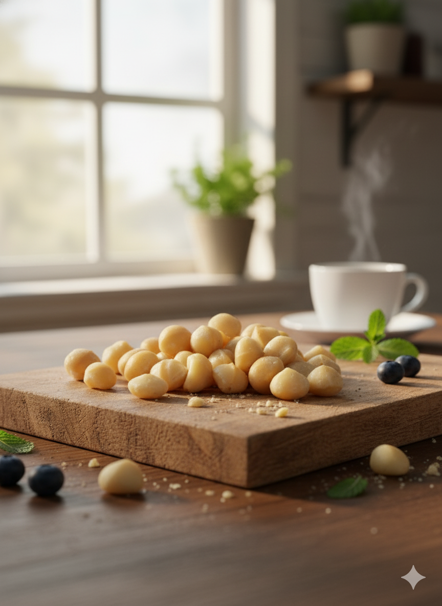 Makademya fındığı; yuvarlak, açık bej renkli, yumuşak dokulu ve parlak yüzeyli doğal bir kuruyemiş olarak sunulmaktadır.