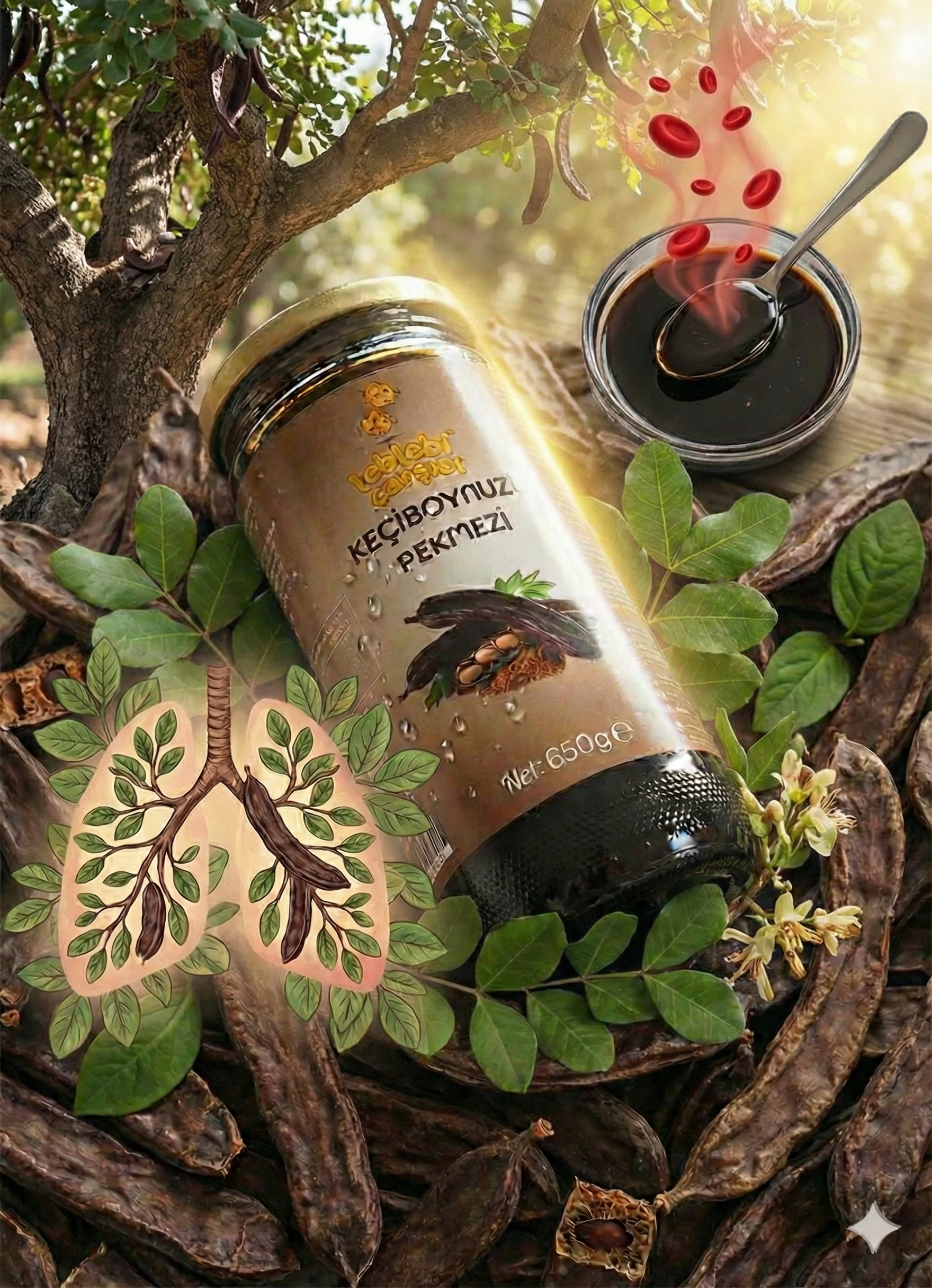 Keçiboynuzu Pekmezi – Cam kavanozda sunulan koyu kıvamlı, katkısız ve doğal pekmez görüntüsü