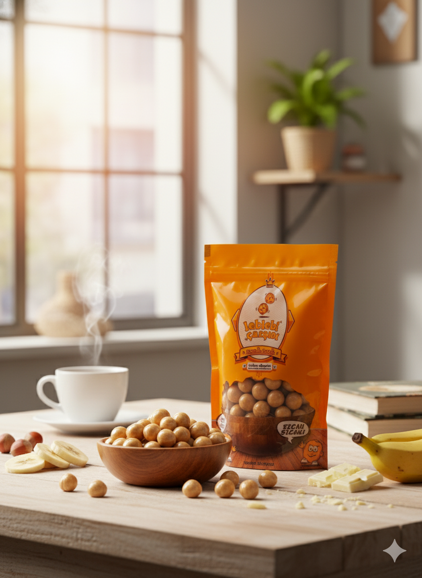 Fildişi çikolata kaplı muzlu fındık drajesi; krem renkli parlak dış kaplaması, içinde bütün fındık yapısıyla şık ve lezzetli bir görsel sunum oluşturur.