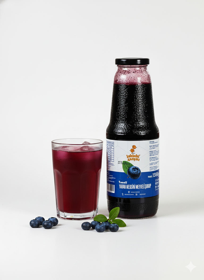 Taneli yaban mersini şurubu, cam şişede sunulan ve gerçek yaban mersini taneleri içeren doğal meyve özüdür.