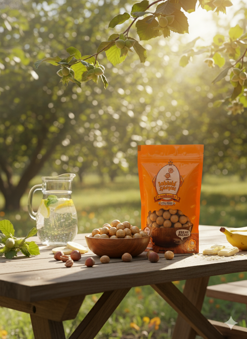 Fildişi çikolata kaplı muzlu fındık drajesi; krem renkli parlak dış kaplaması, içinde bütün fındık yapısıyla şık ve lezzetli bir görsel sunum oluşturur.