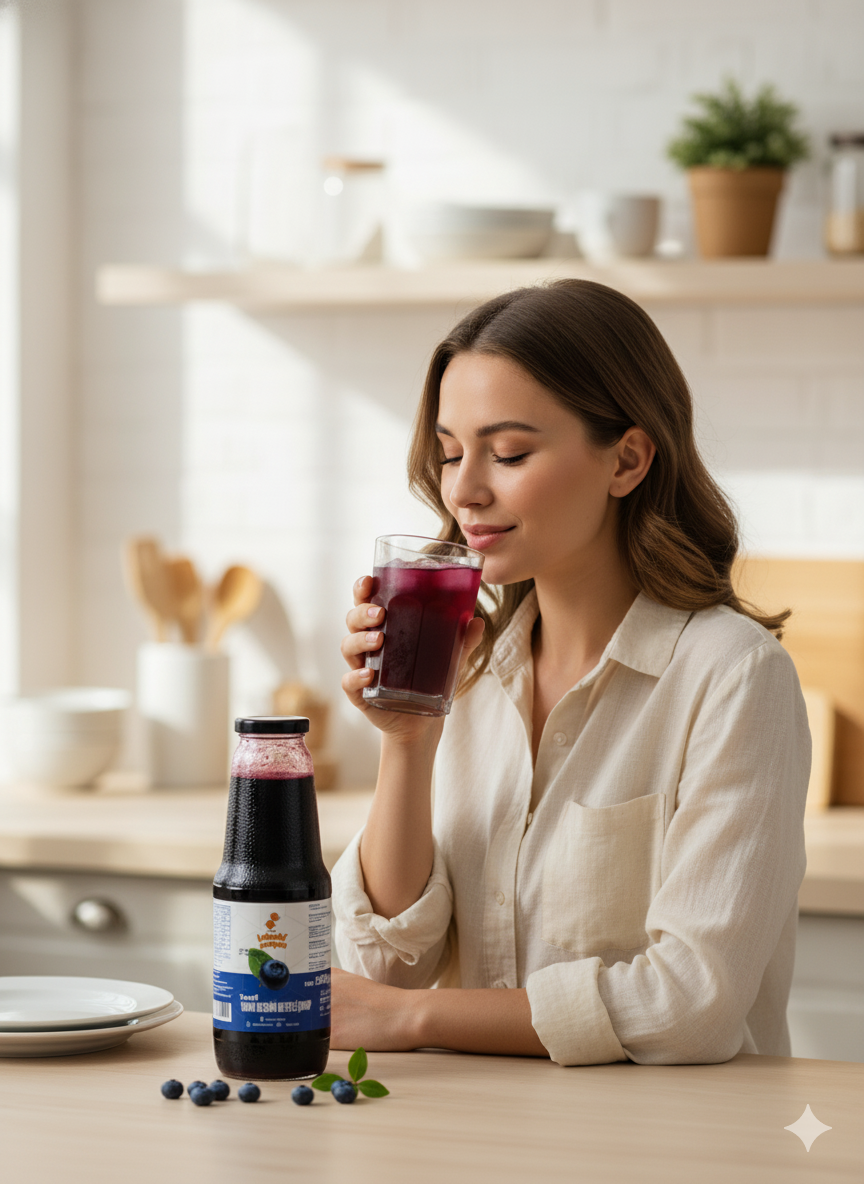 Taneli yaban mersini şurubu, cam şişede sunulan ve gerçek yaban mersini taneleri içeren doğal meyve özüdür.