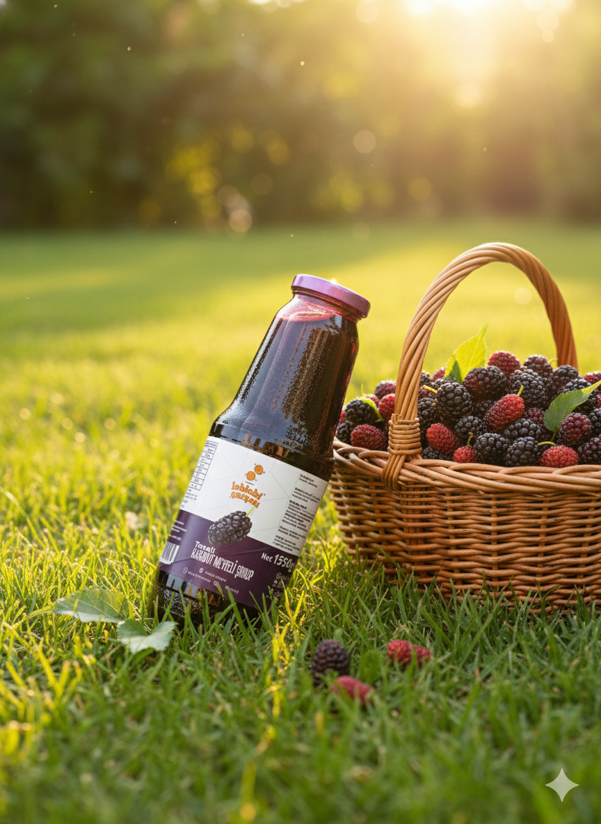 Gerçek karadut taneleriyle zenginleştirilmiş taneli karadut şurubu, cam şişede sunulan doğal ve katkısız bir içecektir.