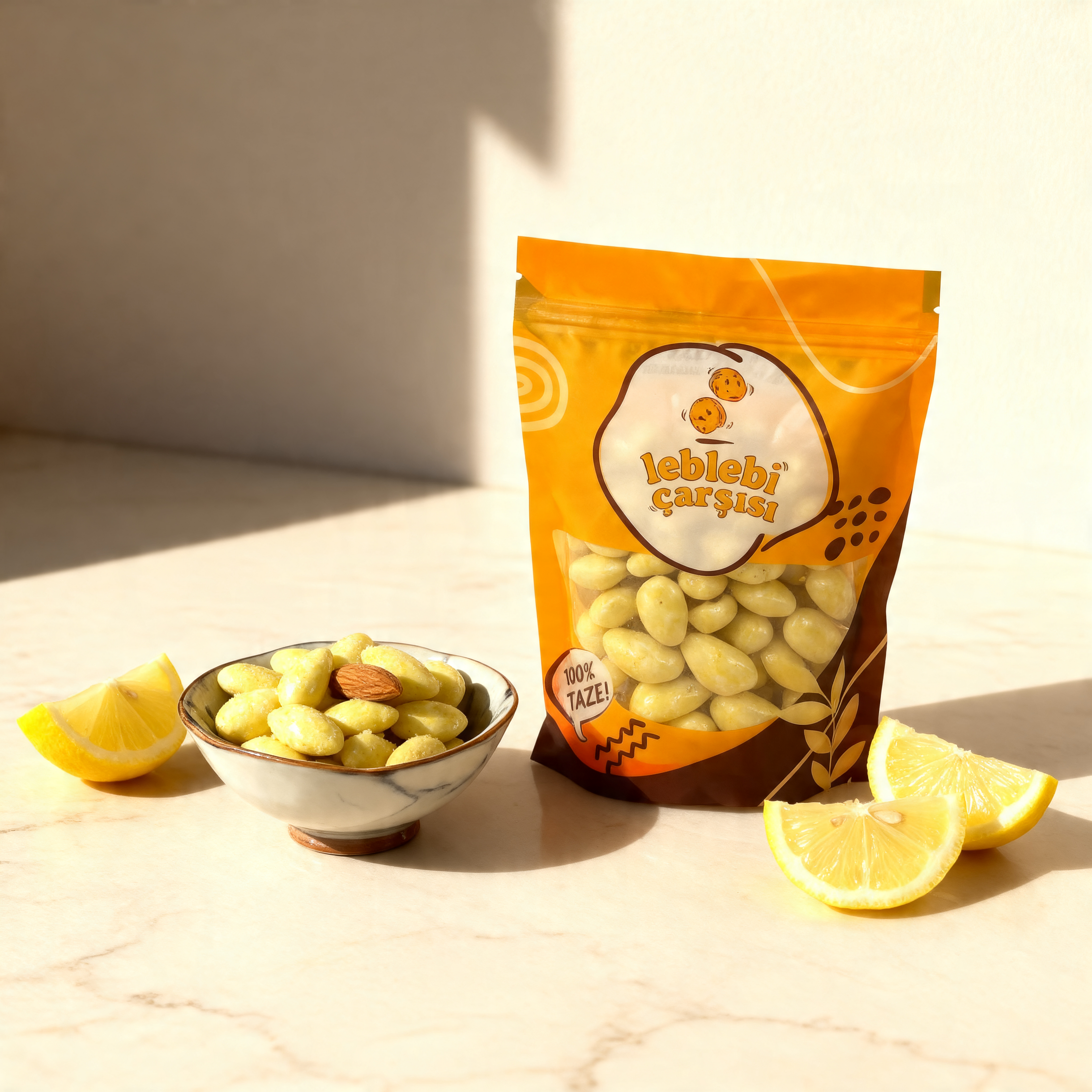 Limon aromalı beyaz çikolata ile kaplanmış çıtır badem drajeler