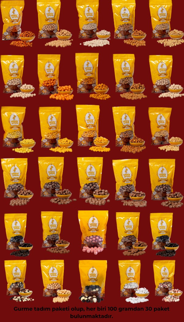 Gurme Tadım Paketi, 30 farklı lezzeti tek kutuda sunan, kuruyemiş ve draje çeşitleriyle dolu 3 kilogramlık zengin bir atıştırmalık kutusudur.