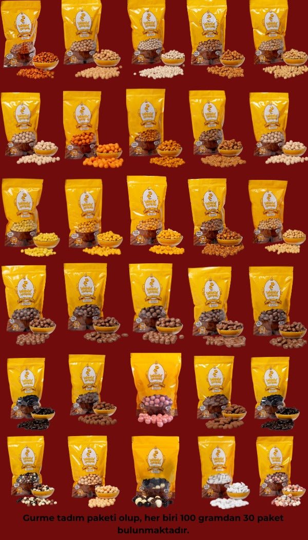 Gurme Tadım Paketi, 30 farklı lezzeti tek kutuda sunan, kuruyemiş ve draje çeşitleriyle dolu 3 kilogramlık zengin bir atıştırmalık kutusudur.