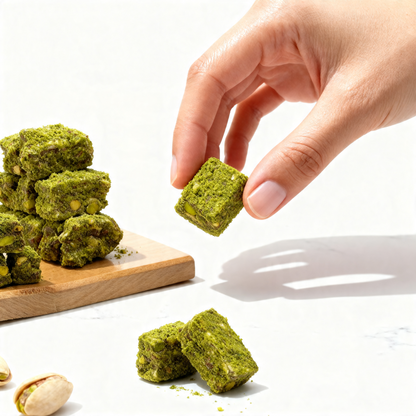 Dışı ve içi Antep fıstığı ile kaplı pasta formunda lokum parçaları