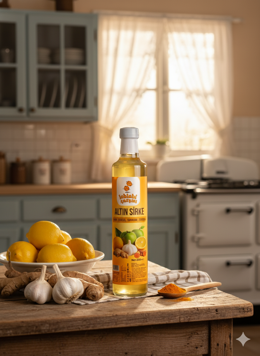 Altın sirke – limon, zencefil, sarımsak ve zerdeçal içeren bağışıklık destekleyici doğal karışım sirke