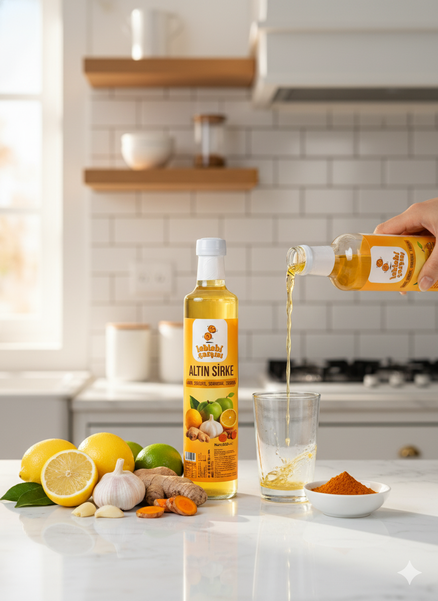 Altın sirke – limon, zencefil, sarımsak ve zerdeçal içeren bağışıklık destekleyici doğal karışım sirke