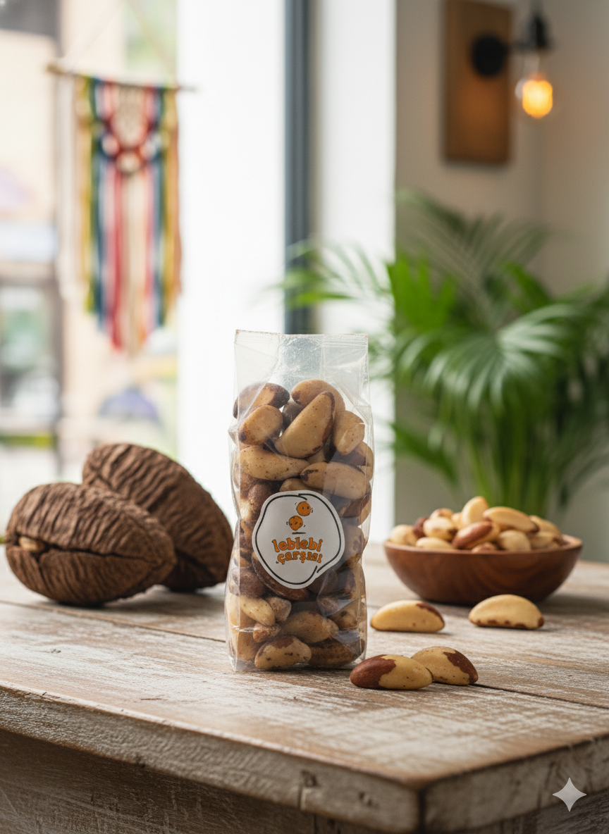 İri taneli, kabuksuz Brezilya cevizi; açık bej renkli iç yapısı ve yağlı dokusuyla sağlıklı bir atıştırmalık olarak sunulmaktadır.