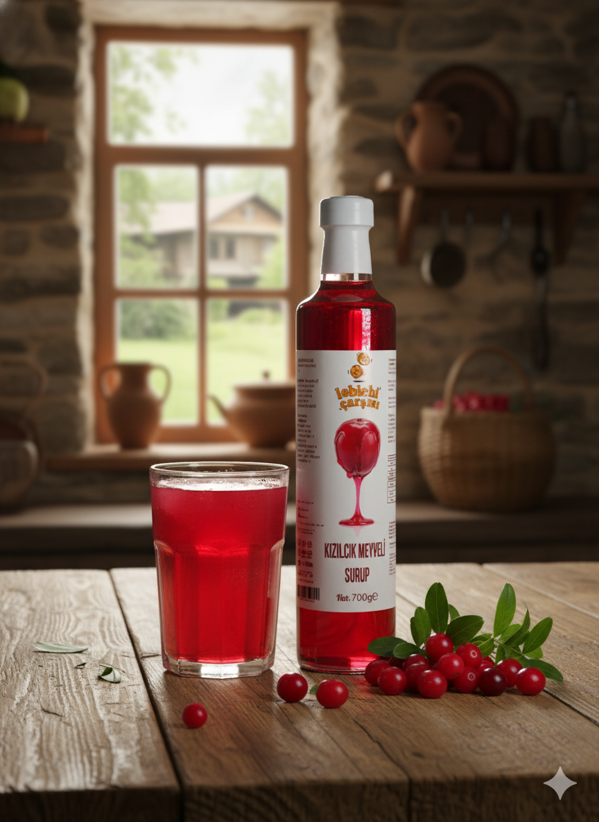 Kırmızı renkte yoğun yapılı kızılcık meyveli şurup cam şişede sunuluyor; katkısız, doğal ve sağlıklı içeriğiyle dikkat çekiyor.