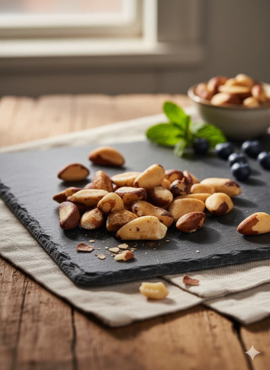 İri taneli, kabuksuz Brezilya cevizi; açık bej renkli iç yapısı ve yağlı dokusuyla sağlıklı bir atıştırmalık olarak sunulmaktadır.