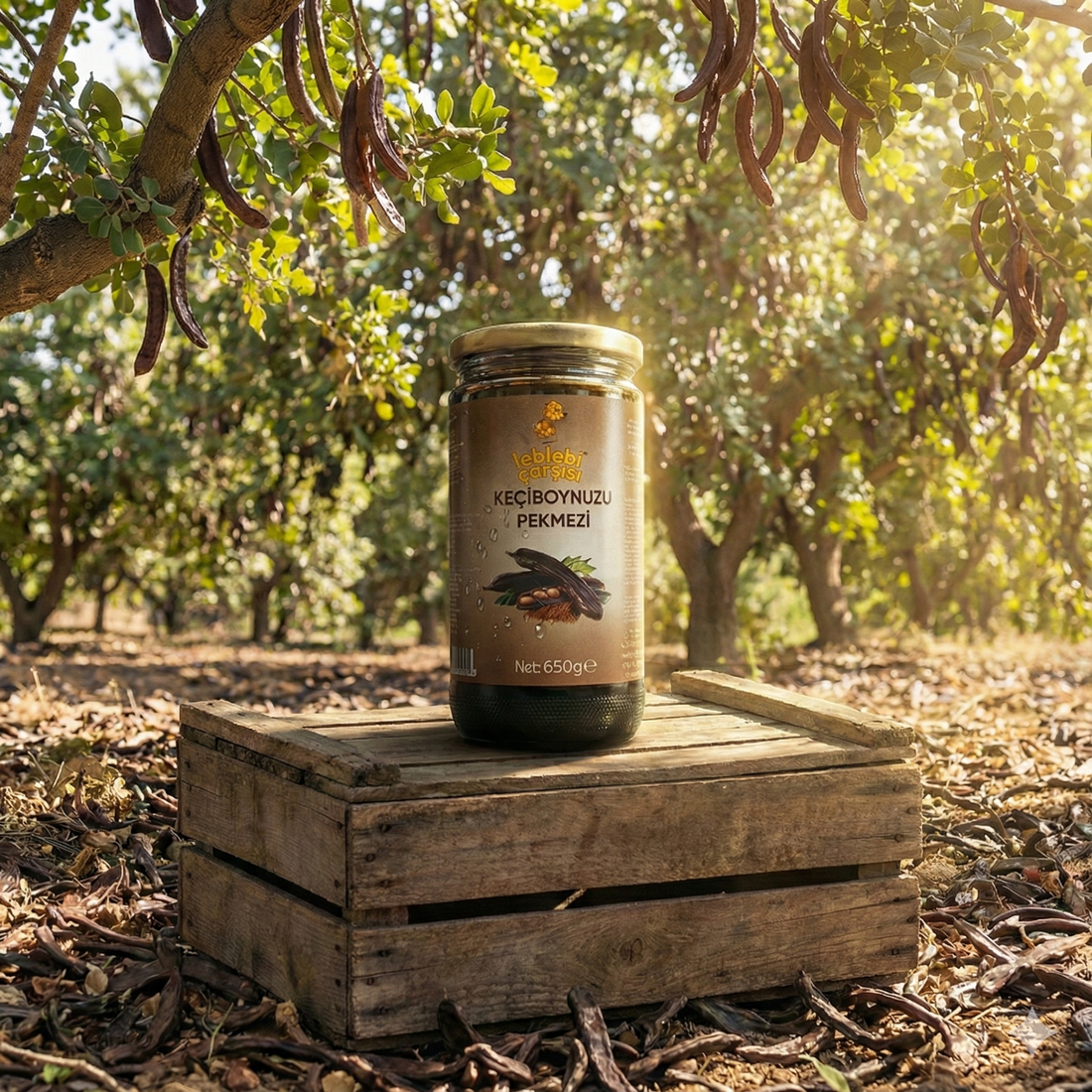 Keçiboynuzu Pekmezi – Cam kavanozda sunulan koyu kıvamlı, katkısız ve doğal pekmez görüntüsü