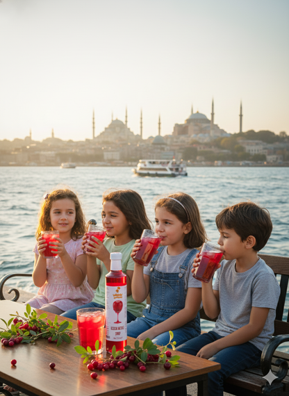 Kırmızı renkte yoğun yapılı kızılcık meyveli şurup cam şişede sunuluyor; katkısız, doğal ve sağlıklı içeriğiyle dikkat çekiyor.