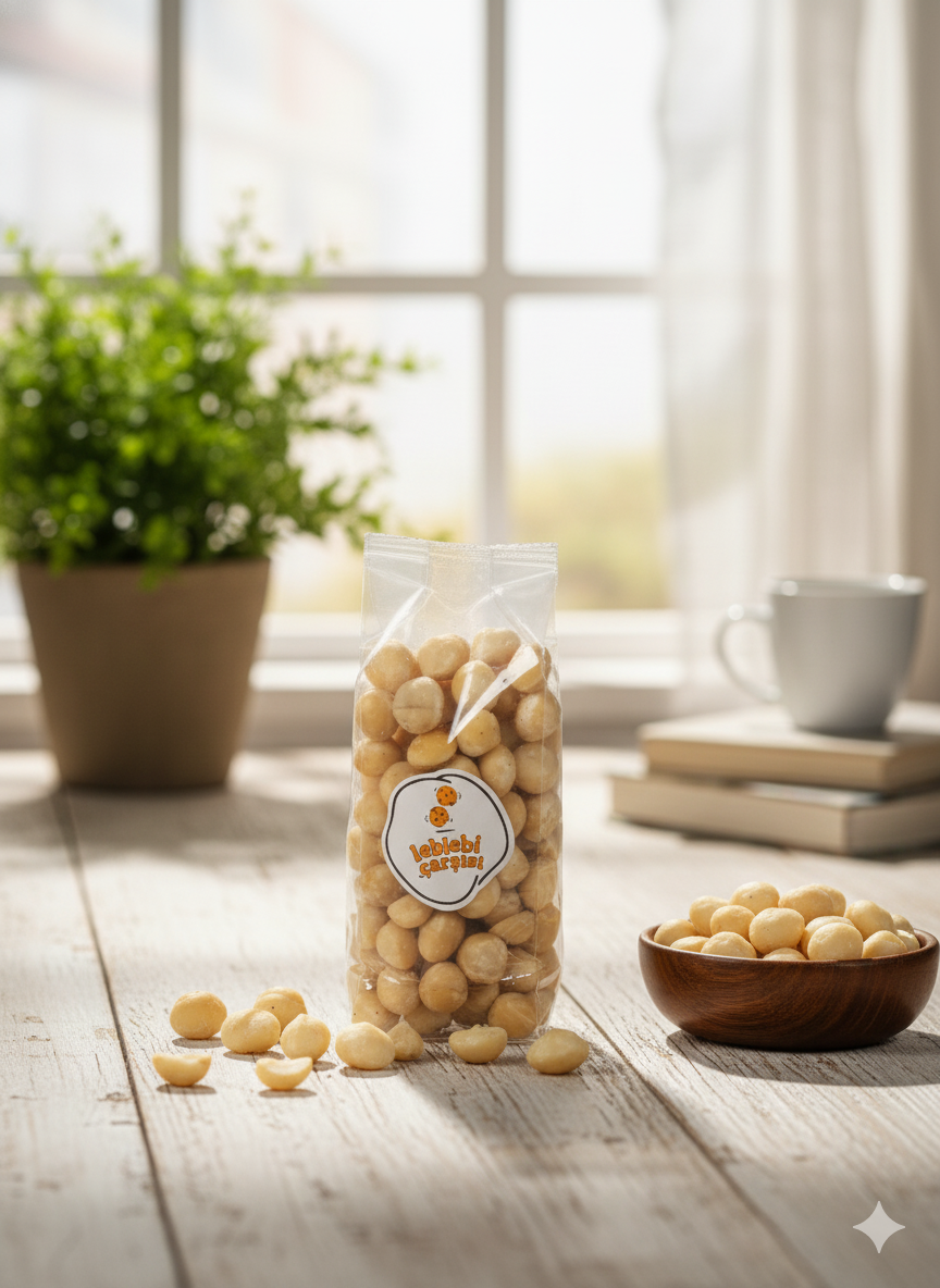 Makademya fındığı; yuvarlak, açık bej renkli, yumuşak dokulu ve parlak yüzeyli doğal bir kuruyemiş olarak sunulmaktadır.