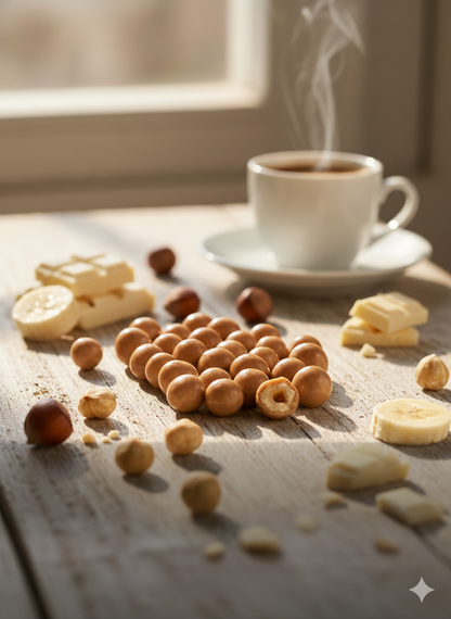 Fildişi çikolata kaplı muzlu fındık drajesi; krem renkli parlak dış kaplaması, içinde bütün fındık yapısıyla şık ve lezzetli bir görsel sunum oluşturur.