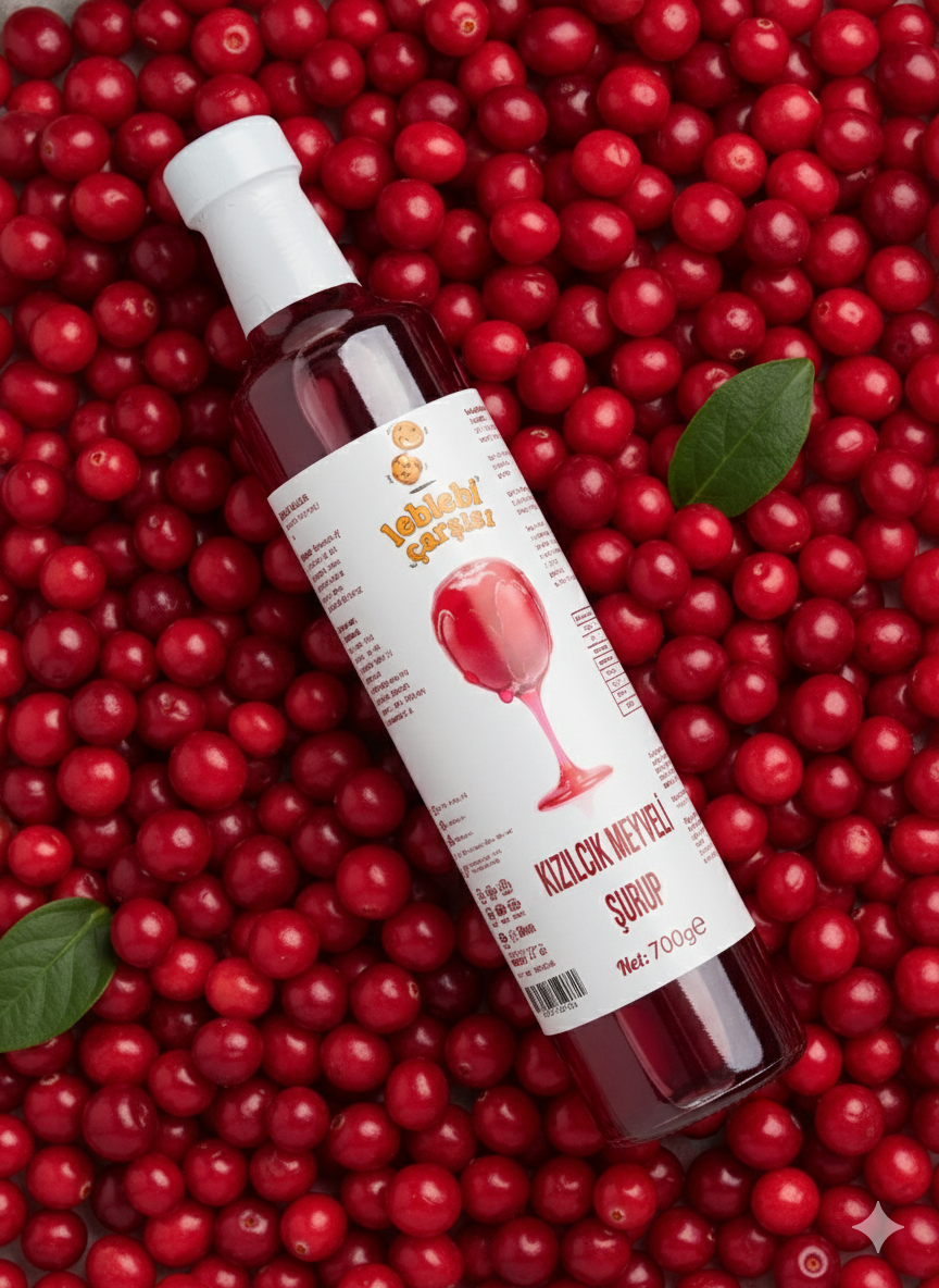 Kırmızı renkte yoğun yapılı kızılcık meyveli şurup cam şişede sunuluyor; katkısız, doğal ve sağlıklı içeriğiyle dikkat çekiyor.