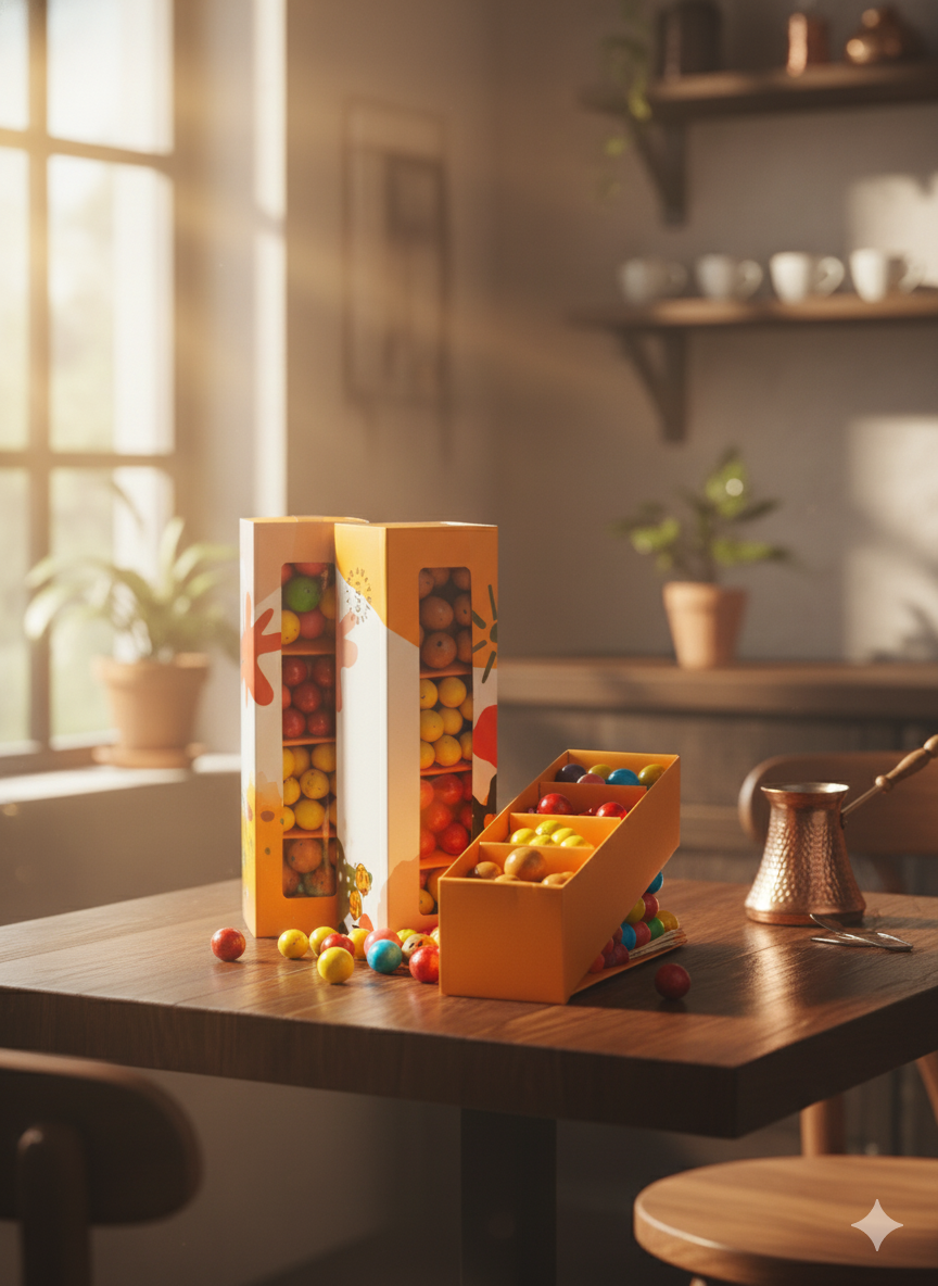 Narlı, limonlu cheesecake’li, meyveli ve kahveli leblebilerden oluşan renkli ve şık hediyelik draje seti, özel bölmeli kutuda sunulmaktadır.