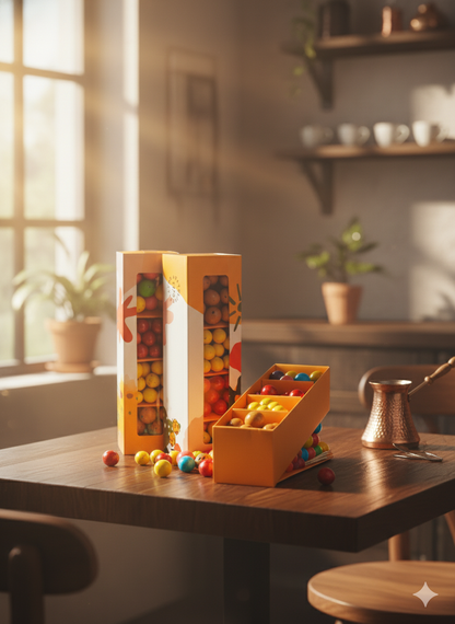 Narlı, limonlu cheesecake’li, meyveli ve kahveli leblebilerden oluşan renkli ve şık hediyelik draje seti, özel bölmeli kutuda sunulmaktadır.