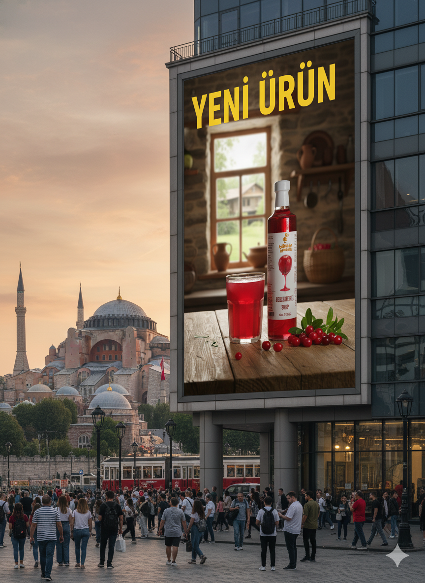 Kırmızı renkte yoğun yapılı kızılcık meyveli şurup cam şişede sunuluyor; katkısız, doğal ve sağlıklı içeriğiyle dikkat çekiyor.