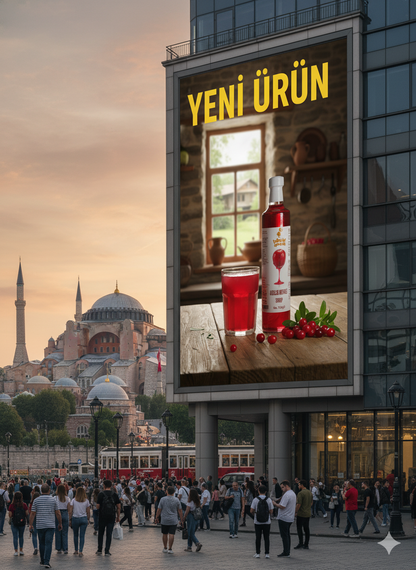 Kırmızı renkte yoğun yapılı kızılcık meyveli şurup cam şişede sunuluyor; katkısız, doğal ve sağlıklı içeriğiyle dikkat çekiyor.