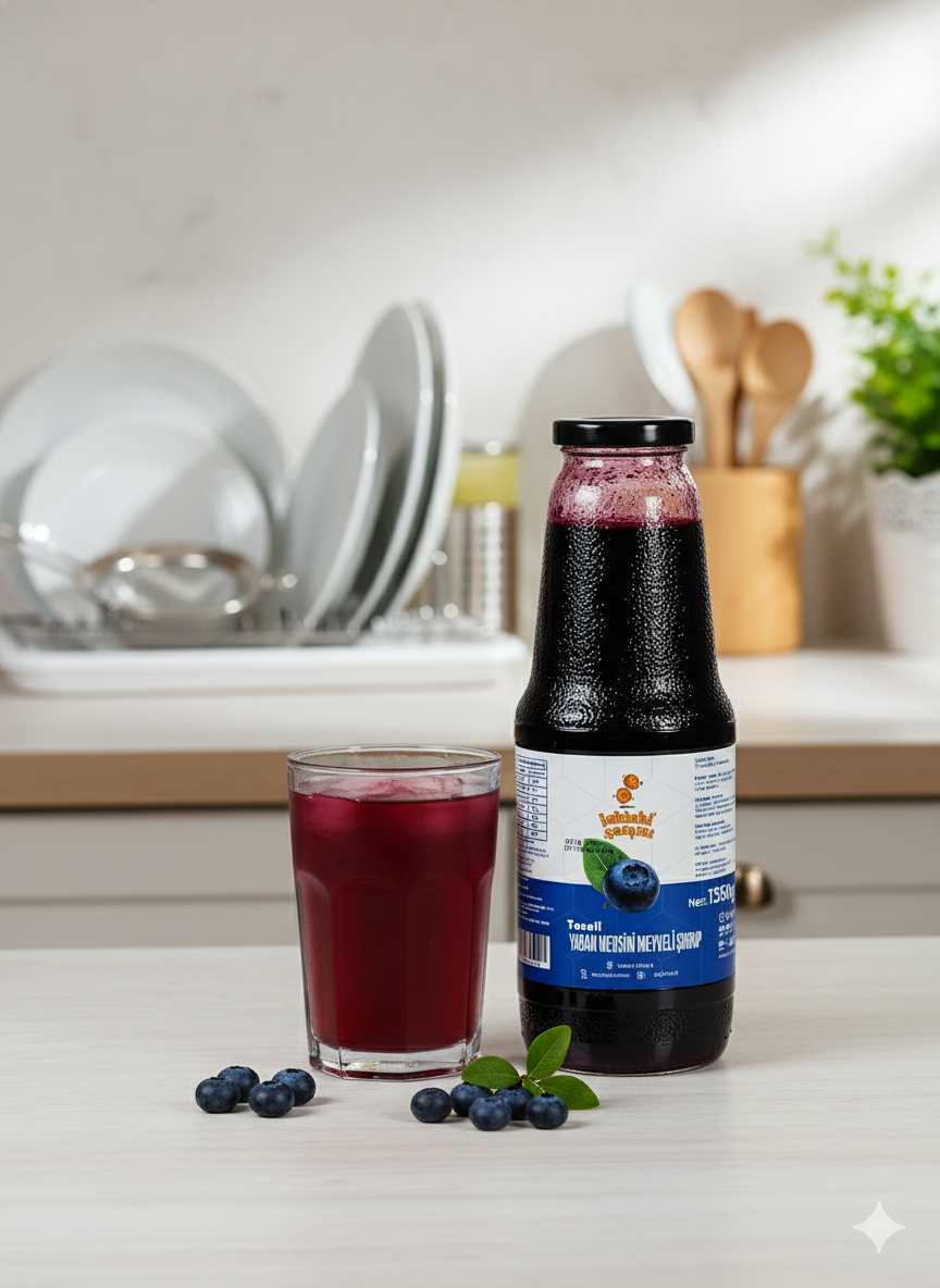 Taneli yaban mersini şurubu, cam şişede sunulan ve gerçek yaban mersini taneleri içeren doğal meyve özüdür.