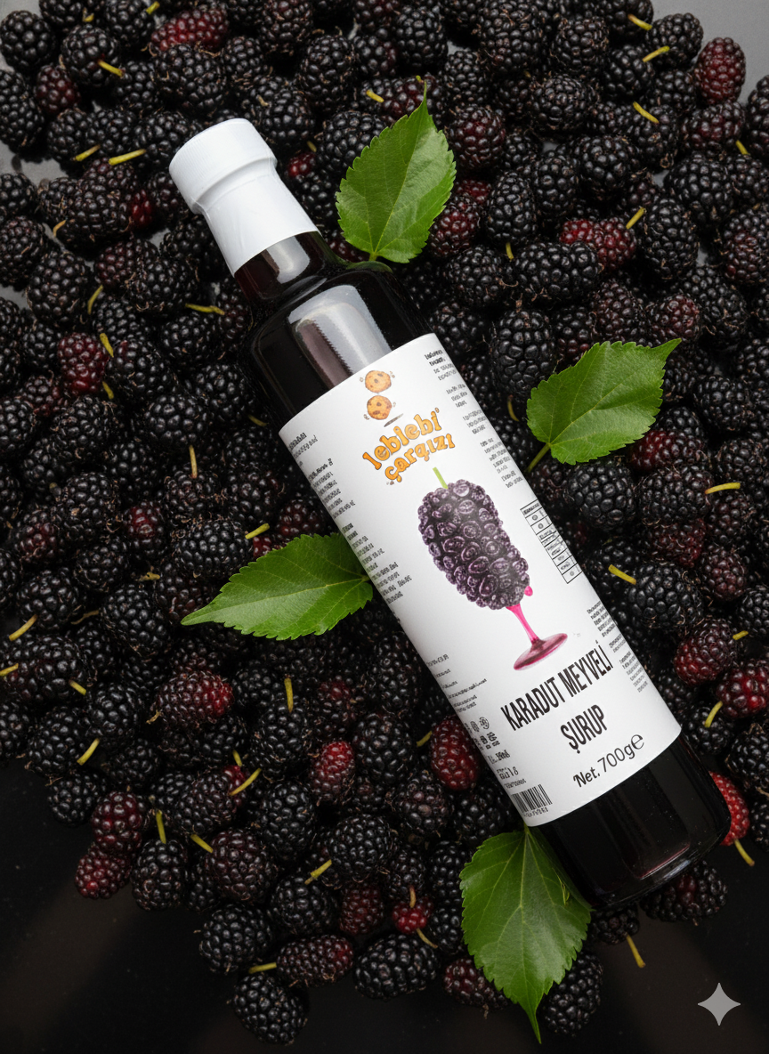 Cam şişede sunulan doğal karadut meyveli şurup; mor renkli, yoğun aromalı ve katkısız yapısıyla sağlıklı içecek alternatifidir.