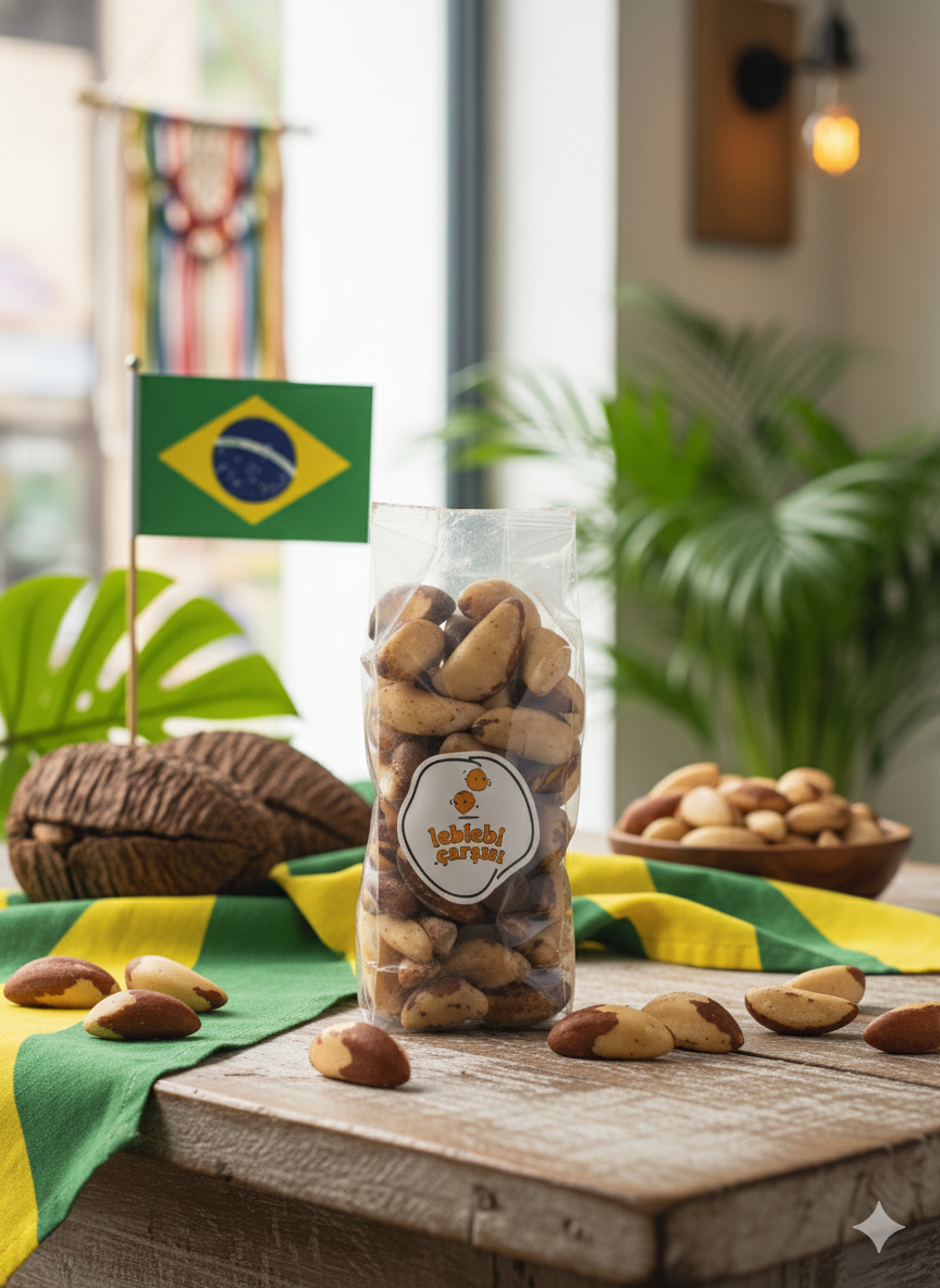 İri taneli, kabuksuz Brezilya cevizi; açık bej renkli iç yapısı ve yağlı dokusuyla sağlıklı bir atıştırmalık olarak sunulmaktadır.