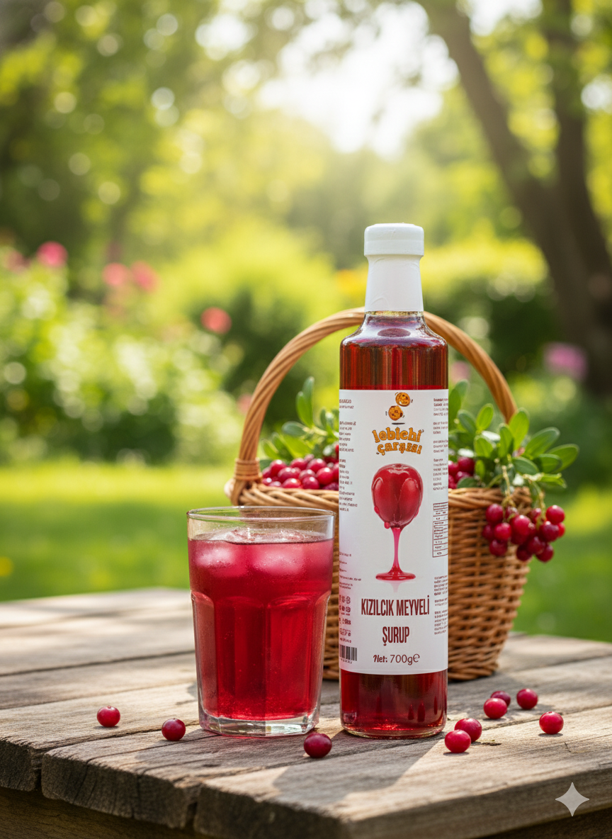 Kırmızı renkte yoğun yapılı kızılcık meyveli şurup cam şişede sunuluyor; katkısız, doğal ve sağlıklı içeriğiyle dikkat çekiyor.