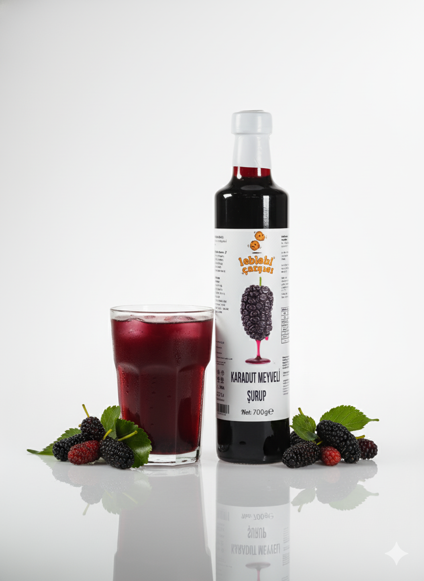 Cam şişede sunulan doğal karadut meyveli şurup; mor renkli, yoğun aromalı ve katkısız yapısıyla sağlıklı içecek alternatifidir.