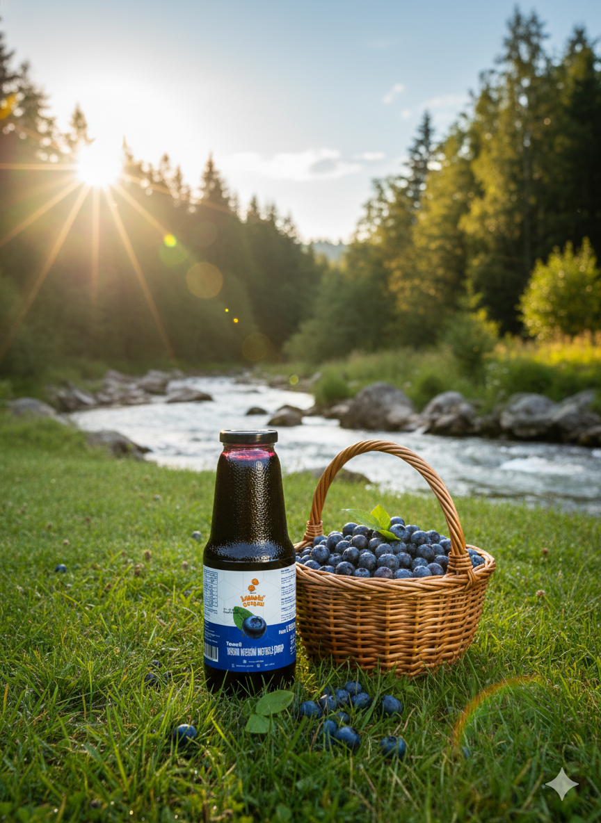 Taneli yaban mersini şurubu, cam şişede sunulan ve gerçek yaban mersini taneleri içeren doğal meyve özüdür.