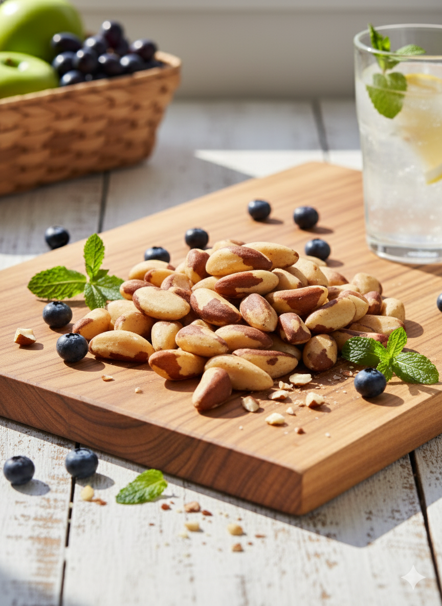 İri taneli, kabuksuz Brezilya cevizi; açık bej renkli iç yapısı ve yağlı dokusuyla sağlıklı bir atıştırmalık olarak sunulmaktadır.