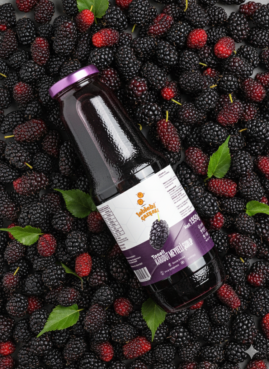 Gerçek karadut taneleriyle zenginleştirilmiş taneli karadut şurubu, cam şişede sunulan doğal ve katkısız bir içecektir.