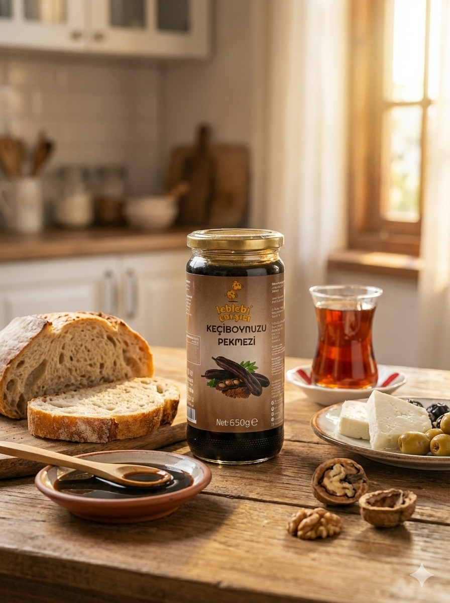 Keçiboynuzu Pekmezi – Cam kavanozda sunulan koyu kıvamlı, katkısız ve doğal pekmez görüntüsü