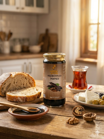 Keçiboynuzu Pekmezi – Cam kavanozda sunulan koyu kıvamlı, katkısız ve doğal pekmez görüntüsü