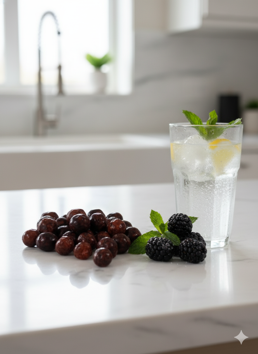 Patlayan şekerli böğürtlenli draje; mor ve fuşya tonlarında renkli kaplaması, çıtır yapısı ve içeriğindeki patlayan şeker ile görsel ve lezzetli bir şölen sunar.