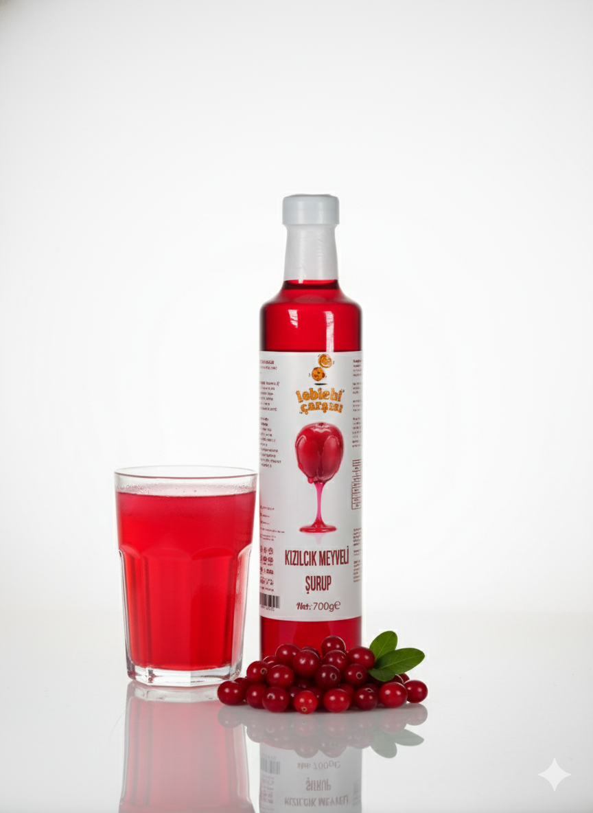 Kırmızı renkte yoğun yapılı kızılcık meyveli şurup cam şişede sunuluyor; katkısız, doğal ve sağlıklı içeriğiyle dikkat çekiyor.