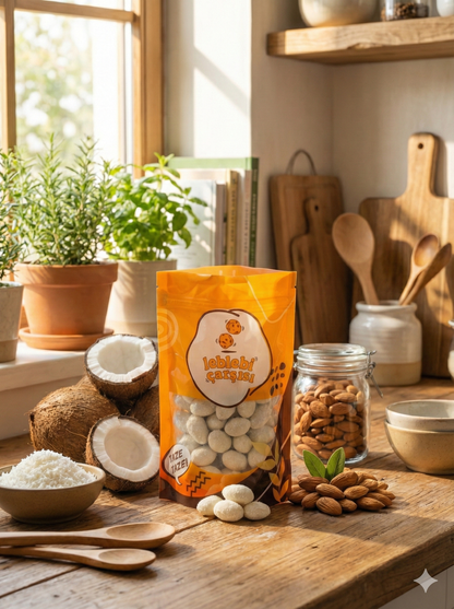 Hindistan ceviziyle kaplanmış badem drajeler – doğal, hafif tatlı ve tropikal lezzetli atıştırmalık