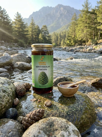 Servi Kozalak Macunu – Doğal servi kozalaklarından hazırlanmış koyu renkli, yoğun kıvamlı bitkisel macun