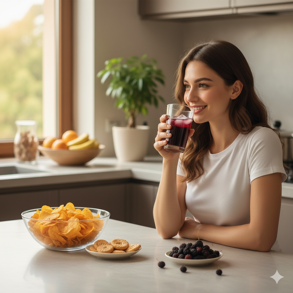 Cam şişede sunulan doğal karadut meyveli şurup; mor renkli, yoğun aromalı ve katkısız yapısıyla sağlıklı içecek alternatifidir.