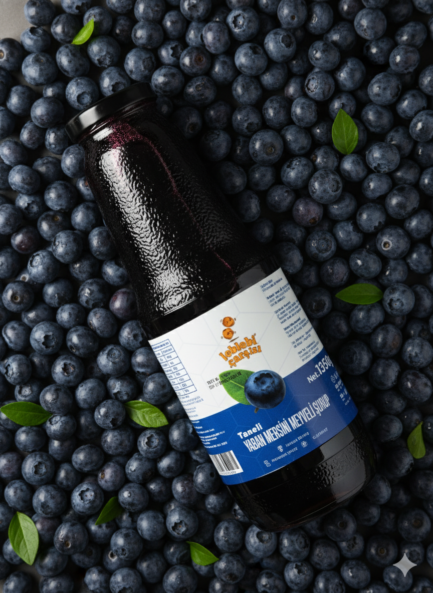 Taneli yaban mersini şurubu, cam şişede sunulan ve gerçek yaban mersini taneleri içeren doğal meyve özüdür.