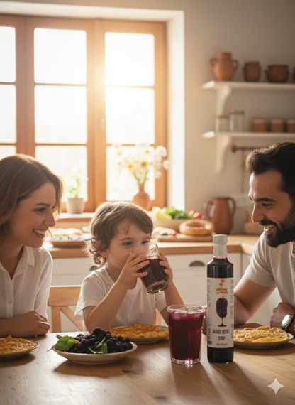 Cam şişede sunulan doğal karadut meyveli şurup; mor renkli, yoğun aromalı ve katkısız yapısıyla sağlıklı içecek alternatifidir.