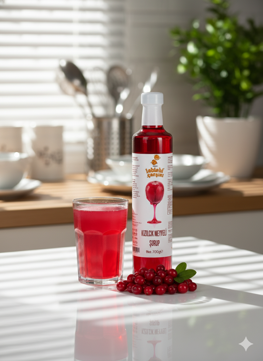 Kırmızı renkte yoğun yapılı kızılcık meyveli şurup cam şişede sunuluyor; katkısız, doğal ve sağlıklı içeriğiyle dikkat çekiyor.